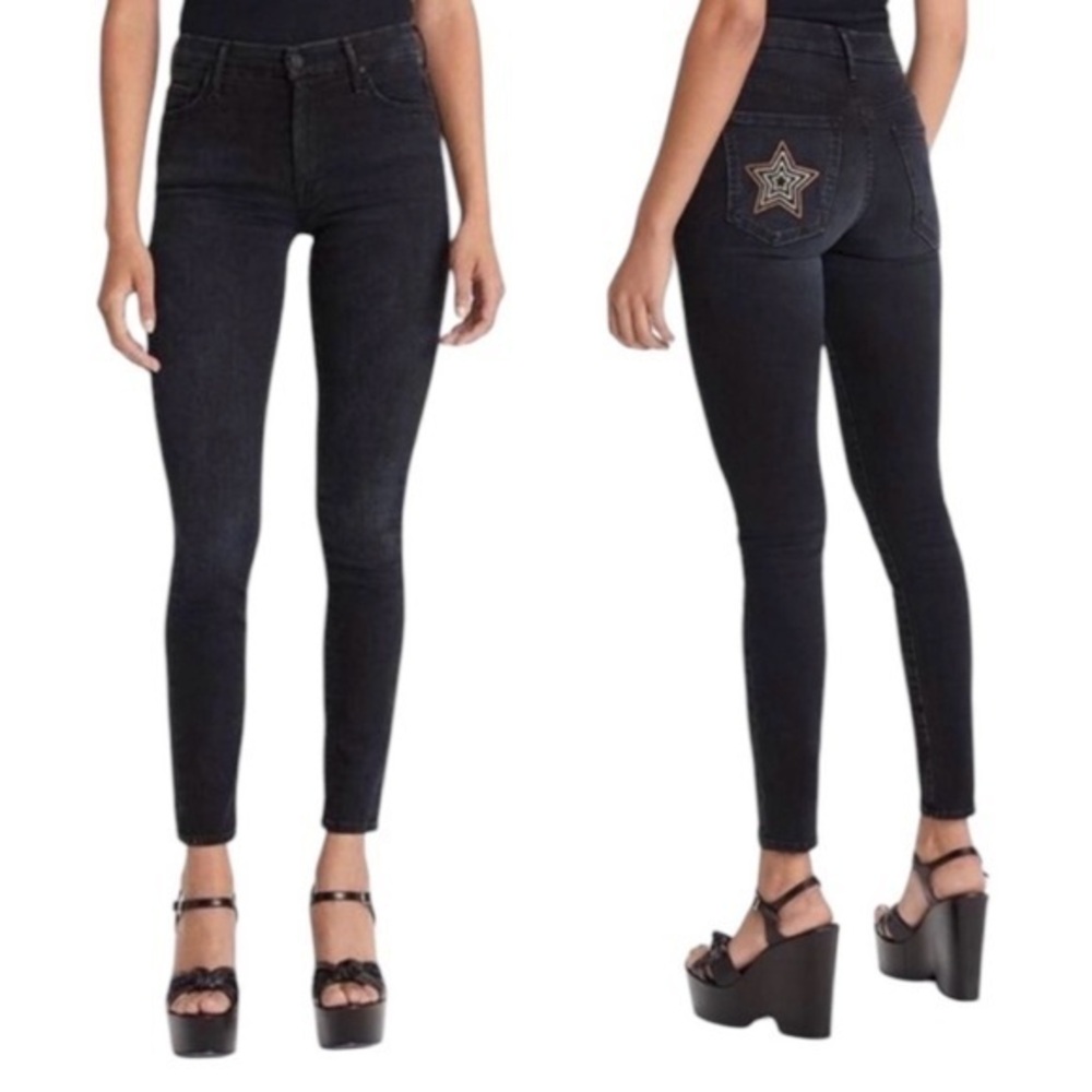 MOTHER The High Waisted Looker Embroidered Washed Black Blackbird‎ Jeans 29